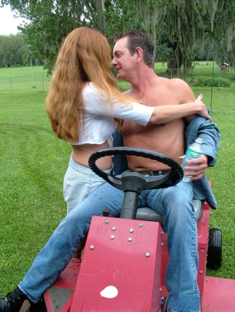 Older amateur Dee Delmar hops on her guys dick while he mows the lawn