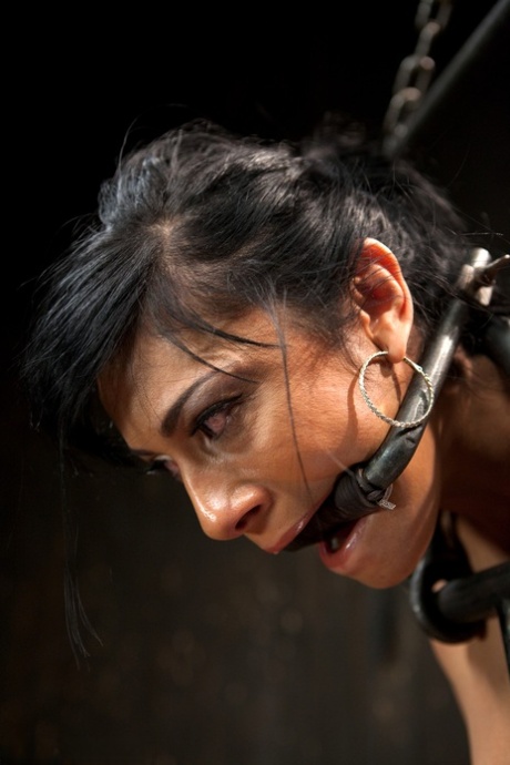 Hot brunette Beretta James getting her fake tits tormented in metal bondage