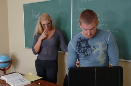 Hot American teacher Heidi Mayne blows off her strong student in the classroom